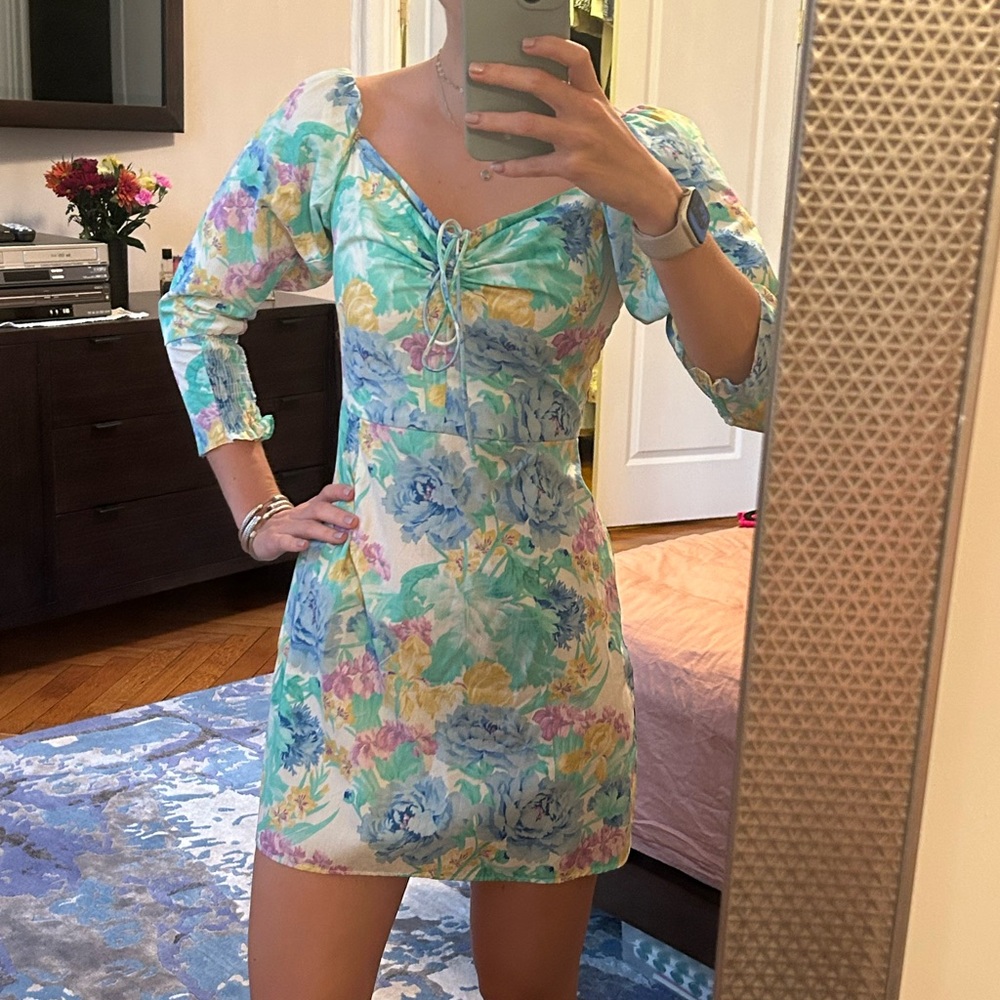 *NWT* Zara Off The Shoulder Printed Neon Multicolor Watercolor Dress; size XS - Picture 4 of 5